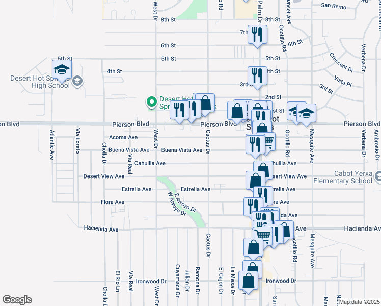 map of restaurants, bars, coffee shops, grocery stores, and more near 66165 Buena Vista Avenue in Desert Hot Springs