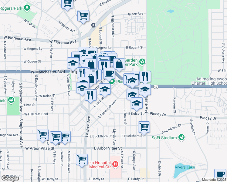 map of restaurants, bars, coffee shops, grocery stores, and more near 430 East Spruce Avenue in Inglewood