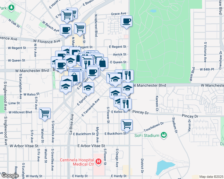 map of restaurants, bars, coffee shops, grocery stores, and more near 436 East Tamarack Avenue in Inglewood