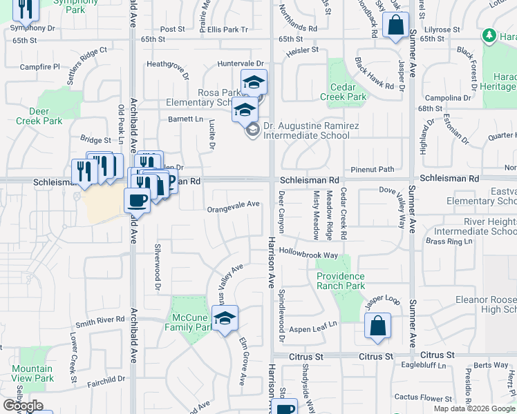 map of restaurants, bars, coffee shops, grocery stores, and more near 13827 Hollywood Avenue in Corona