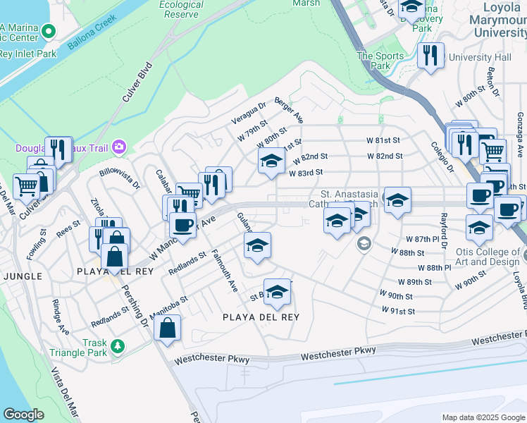map of restaurants, bars, coffee shops, grocery stores, and more near 7841 West Manchester Avenue in Los Angeles
