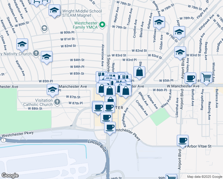 map of restaurants, bars, coffee shops, grocery stores, and more near 6242 West 85th Place in Los Angeles