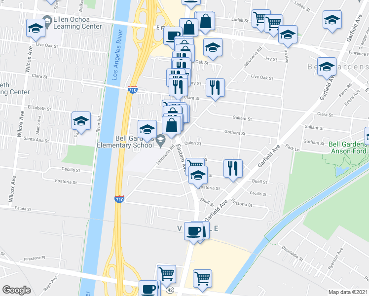 map of restaurants, bars, coffee shops, grocery stores, and more near 8022 Eastern Avenue in Bell Gardens