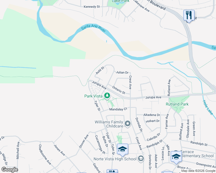 map of restaurants, bars, coffee shops, grocery stores, and more near 10164 Ontario Street in Riverside