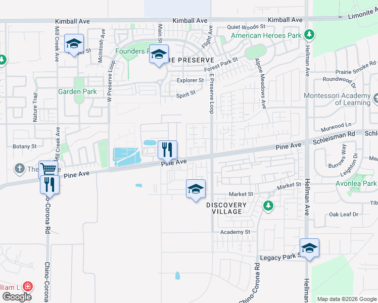 map of restaurants, bars, coffee shops, grocery stores, and more near 16209 Linden Lane in Chino