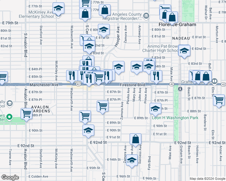 map of restaurants, bars, coffee shops, grocery stores, and more near 1235 East 87th Street in Los Angeles