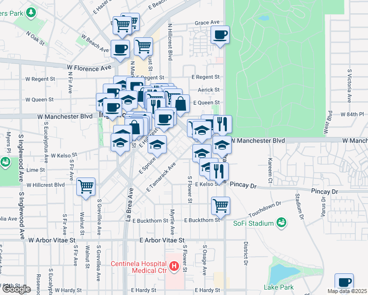 map of restaurants, bars, coffee shops, grocery stores, and more near 425 East Tamarack Avenue in Inglewood