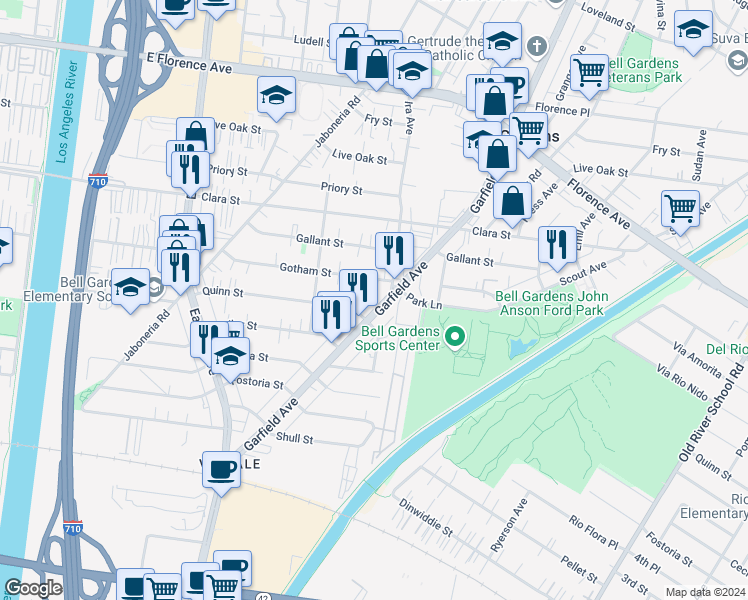 map of restaurants, bars, coffee shops, grocery stores, and more near 7933 Garfield Avenue in Bell Gardens