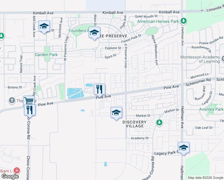 map of restaurants, bars, coffee shops, grocery stores, and more near 16209 Linden Lane in Chino