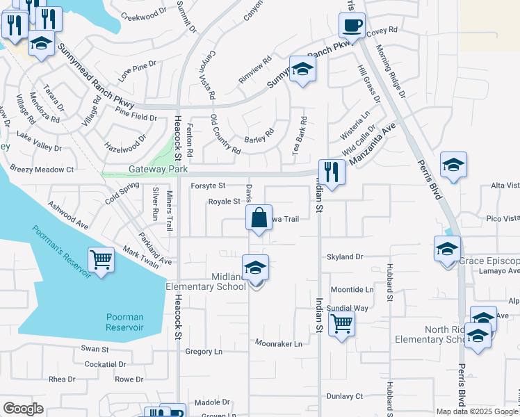 map of restaurants, bars, coffee shops, grocery stores, and more near 23978 Quapaw Trail in Moreno Valley