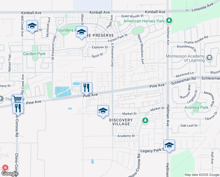 map of restaurants, bars, coffee shops, grocery stores, and more near 16207 Plumeria Lane in Chino