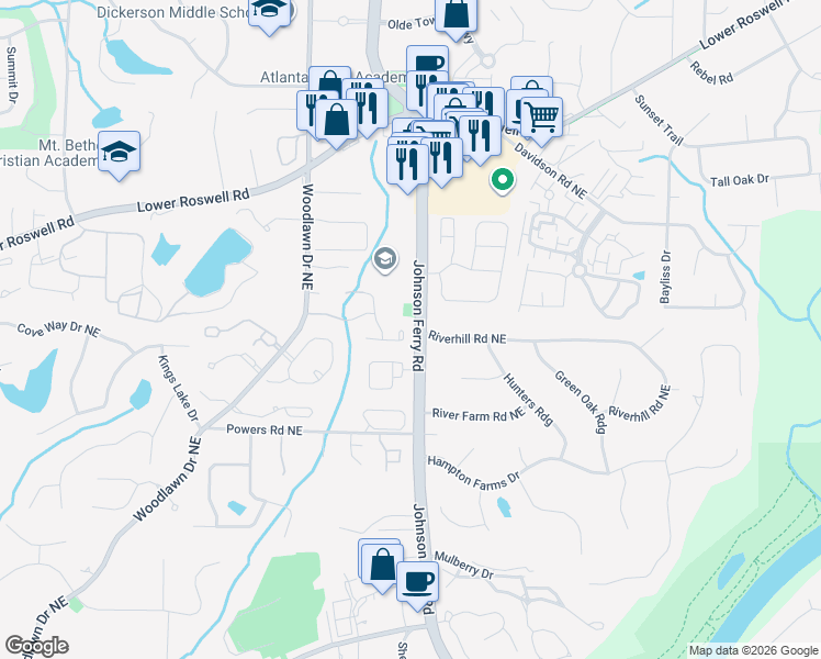 map of restaurants, bars, coffee shops, grocery stores, and more near 4652 Dandelion Circle Northeast in Marietta