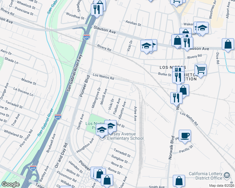 map of restaurants, bars, coffee shops, grocery stores, and more near 11209 Shade Lane in Santa Fe Springs