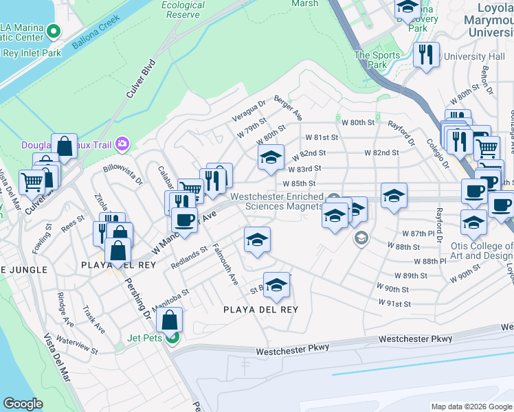 map of restaurants, bars, coffee shops, grocery stores, and more near 7841 West Manchester Avenue in Los Angeles