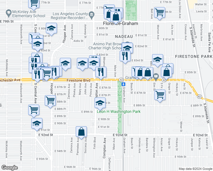 map of restaurants, bars, coffee shops, grocery stores, and more near 1539 East 87th Street in Los Angeles