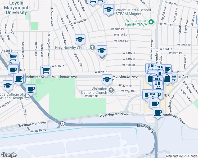 map of restaurants, bars, coffee shops, grocery stores, and more near 6630 West 85th Place in Los Angeles