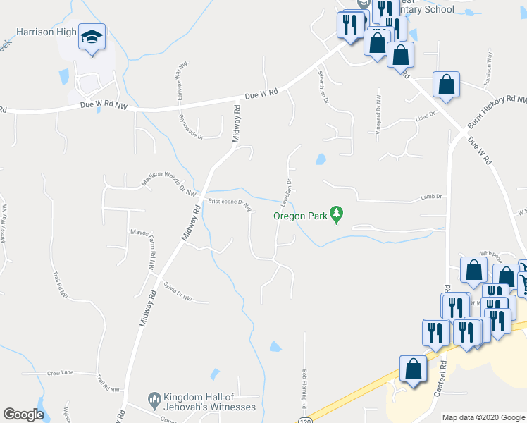 map of restaurants, bars, coffee shops, grocery stores, and more near 4195 Bristlecone Court Northwest in Marietta