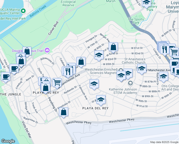 map of restaurants, bars, coffee shops, grocery stores, and more near 7862 West Manchester Avenue in Los Angeles