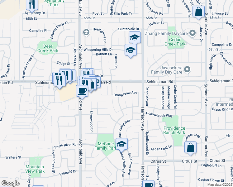 map of restaurants, bars, coffee shops, grocery stores, and more near 14037 Hollywood Avenue in Corona