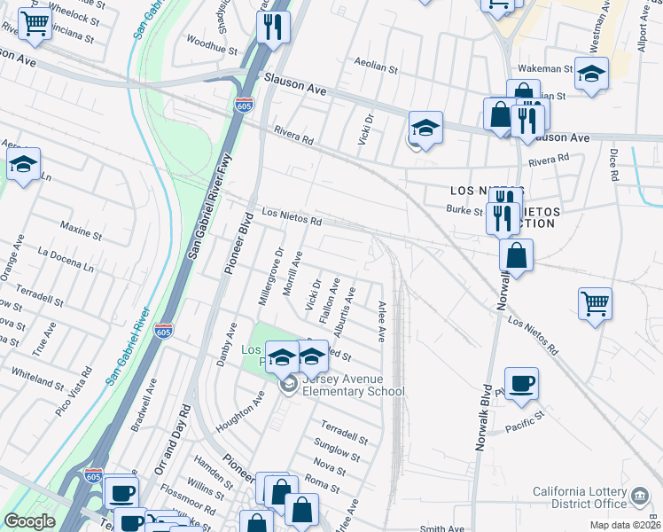 map of restaurants, bars, coffee shops, grocery stores, and more near 11209 Shade Lane in Santa Fe Springs