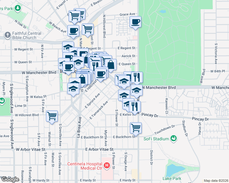 map of restaurants, bars, coffee shops, grocery stores, and more near 656 East Manchester Boulevard in Inglewood