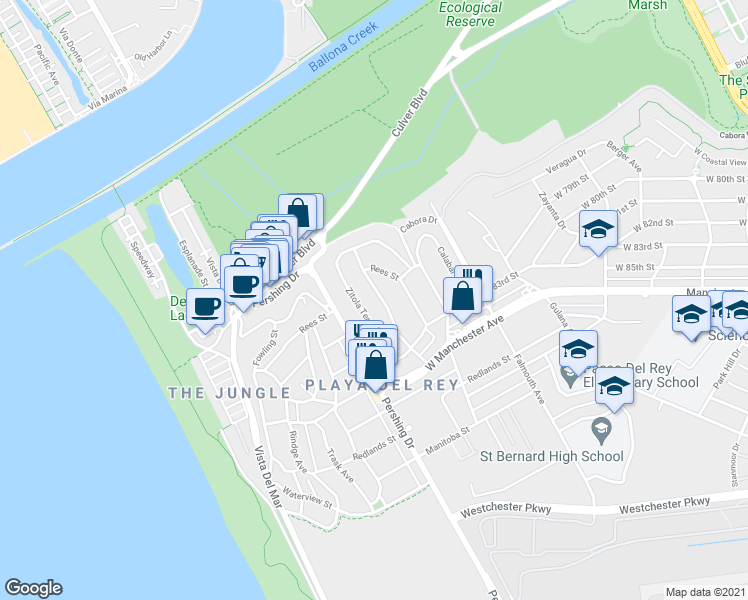 map of restaurants, bars, coffee shops, grocery stores, and more near 8221 Delgany Avenue in Los Angeles