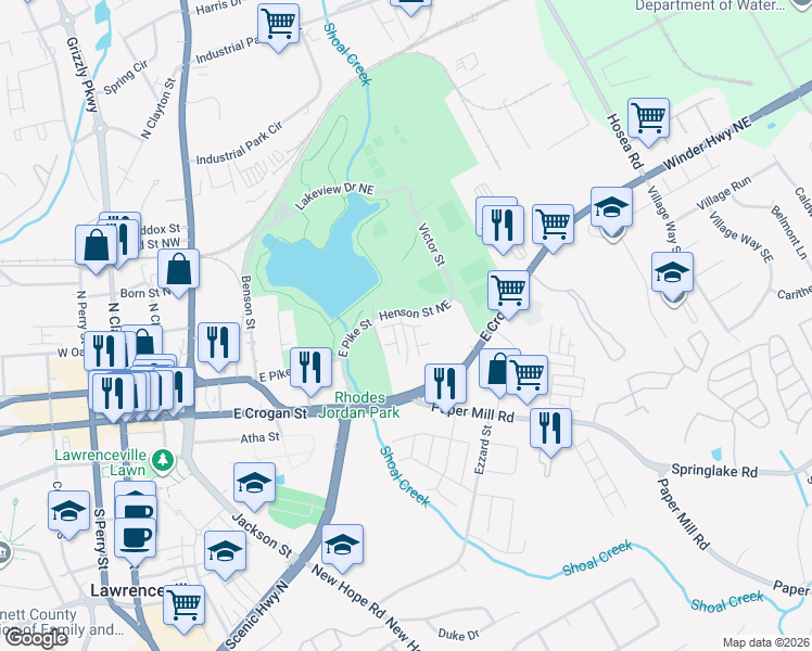 map of restaurants, bars, coffee shops, grocery stores, and more near Henson Street Northeast in Lawrenceville