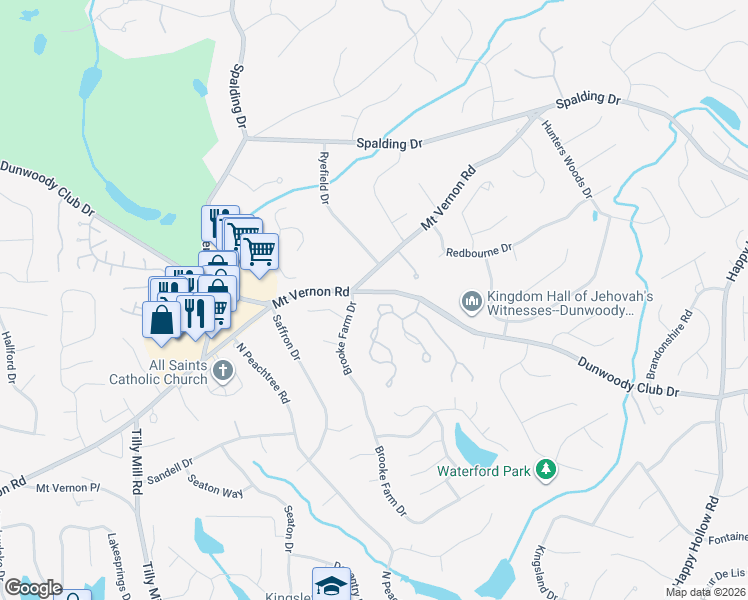 map of restaurants, bars, coffee shops, grocery stores, and more near 5431 Brookeridge Circle in Dunwoody