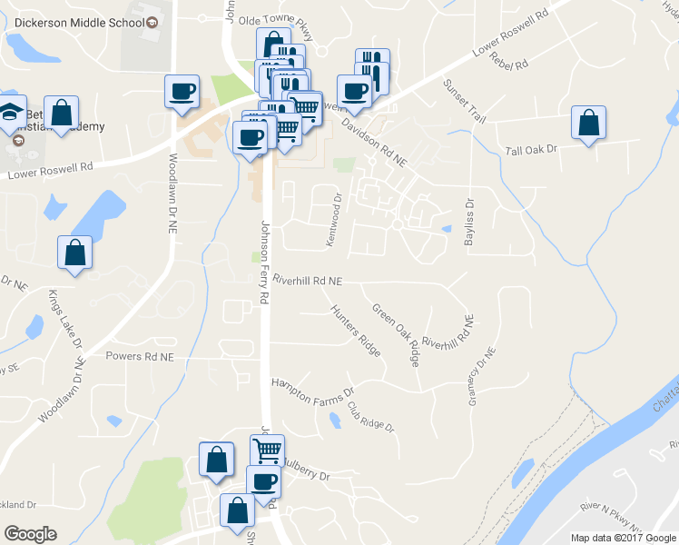 map of restaurants, bars, coffee shops, grocery stores, and more near 4919 Riverhill Road Northeast in Marietta