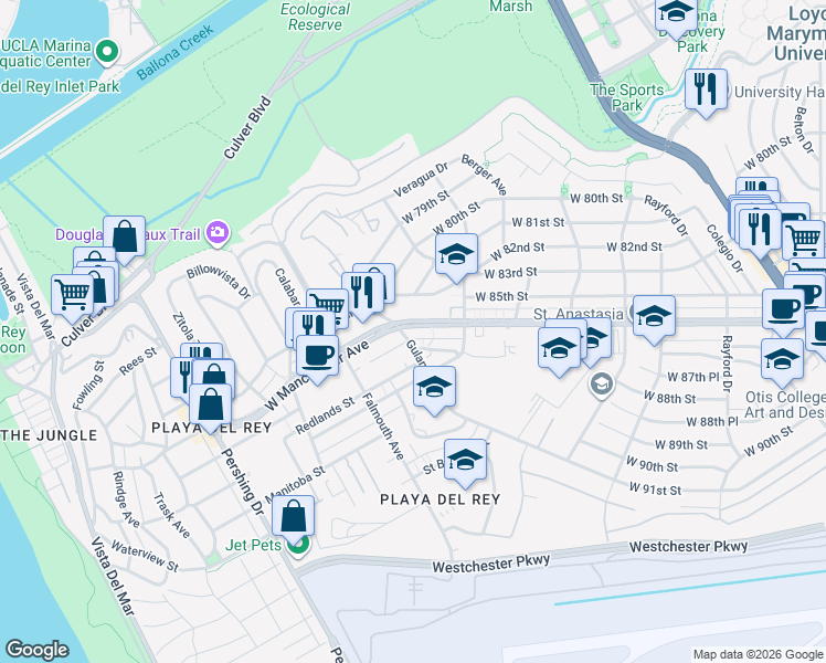 map of restaurants, bars, coffee shops, grocery stores, and more near 7862 West Manchester Avenue in Los Angeles
