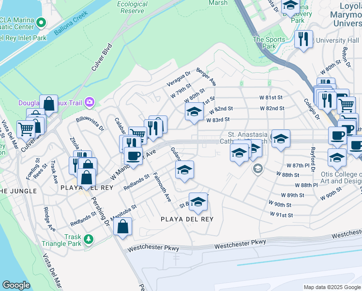 map of restaurants, bars, coffee shops, grocery stores, and more near 7842 Manchester Avenue in Los Angeles