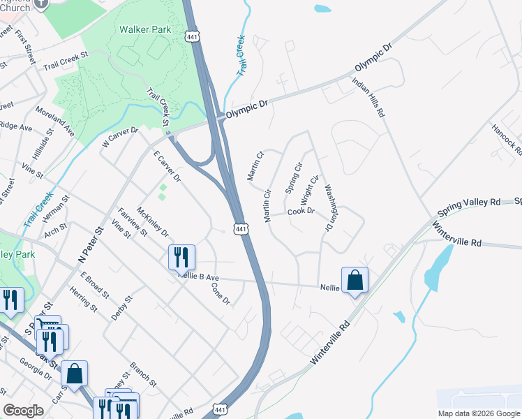 map of restaurants, bars, coffee shops, grocery stores, and more near 115 Martin Court in Athens