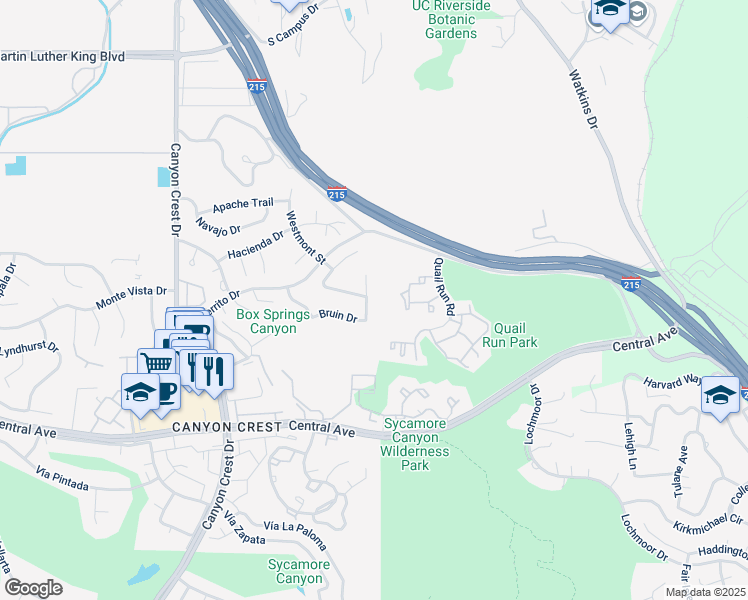 map of restaurants, bars, coffee shops, grocery stores, and more near 5082 Humboldt Court in Riverside