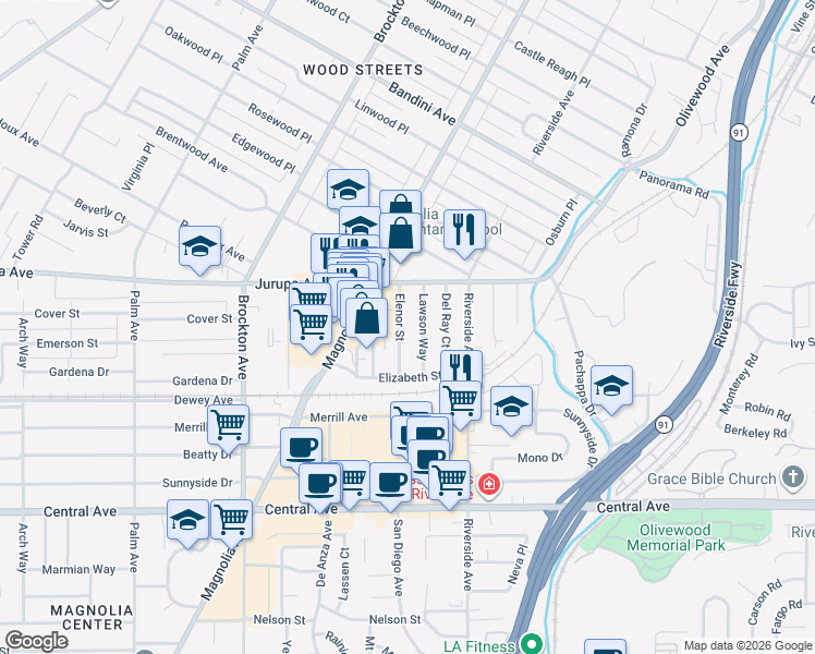map of restaurants, bars, coffee shops, grocery stores, and more near 6045 Lawson Way in Riverside