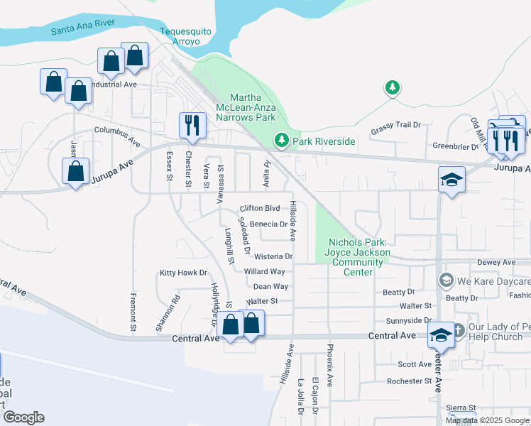 map of restaurants, bars, coffee shops, grocery stores, and more near 5773 Clifton Boulevard in Riverside