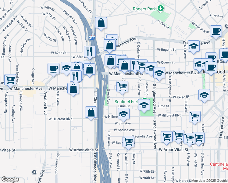 map of restaurants, bars, coffee shops, grocery stores, and more near 643 Nectarine Street in Inglewood