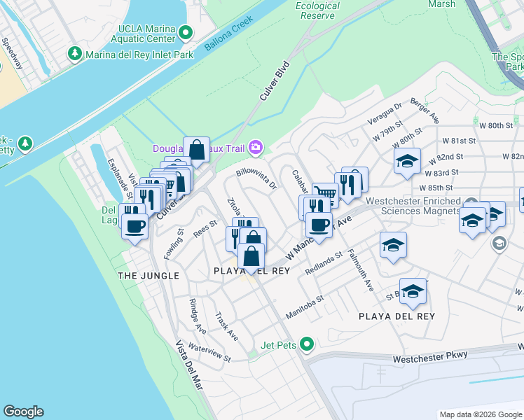 map of restaurants, bars, coffee shops, grocery stores, and more near 8205 Billowvista Drive in Los Angeles