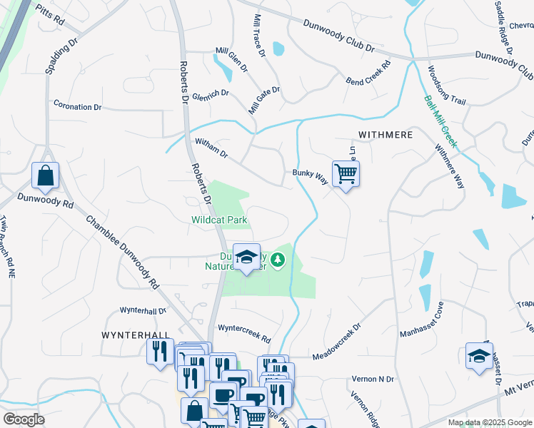 map of restaurants, bars, coffee shops, grocery stores, and more near 1450 Holly Bank Circle in Dunwoody
