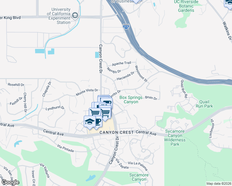 map of restaurants, bars, coffee shops, grocery stores, and more near 5145 Evergreen Way in Riverside