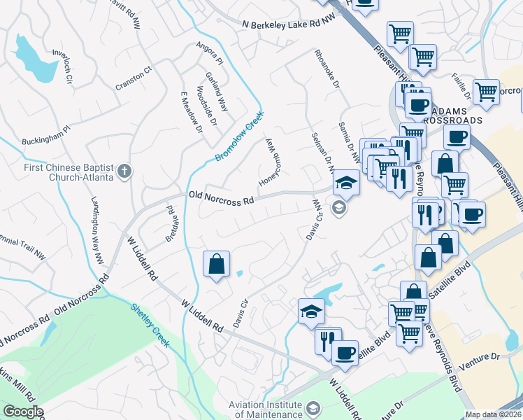 map of restaurants, bars, coffee shops, grocery stores, and more near 2368 Arbor Ridge Court in Duluth