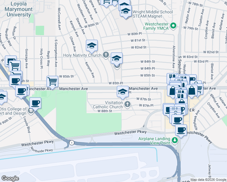 map of restaurants, bars, coffee shops, grocery stores, and more near 6615 West 86th Place in Los Angeles