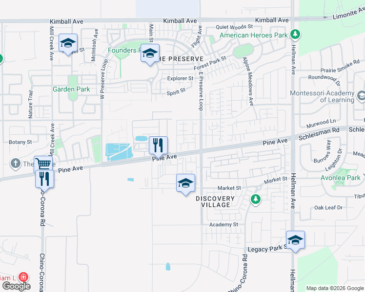 map of restaurants, bars, coffee shops, grocery stores, and more near 16205 Spicebush Lane in Chino