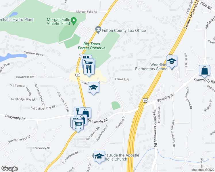 map of restaurants, bars, coffee shops, grocery stores, and more near 7450 Trowbridge Road in Atlanta