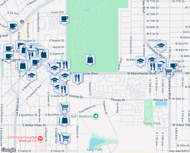 map of restaurants, bars, coffee shops, grocery stores, and more near 3814 Dunford Lane in Inglewood