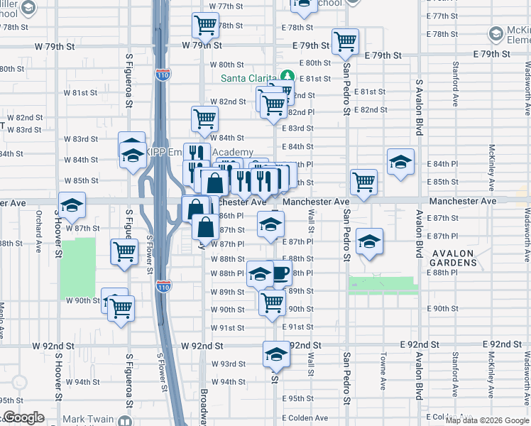 map of restaurants, bars, coffee shops, grocery stores, and more near 124 West Manchester Avenue in Los Angeles