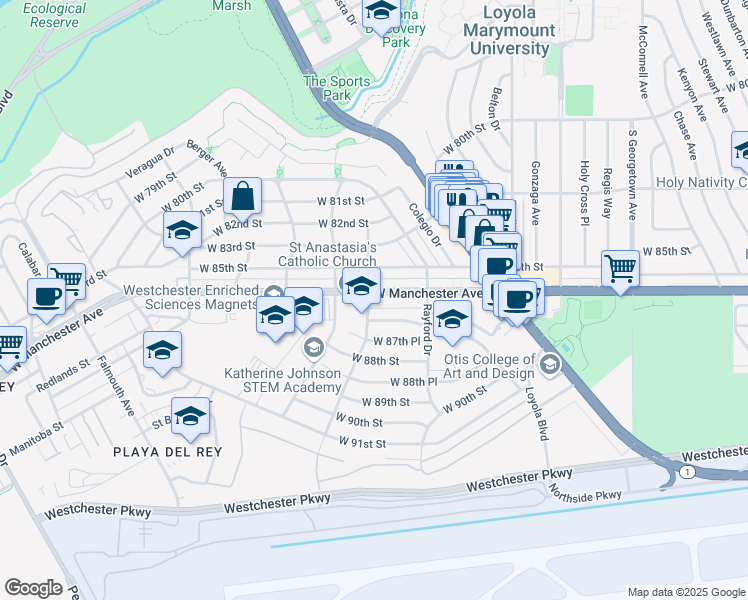 map of restaurants, bars, coffee shops, grocery stores, and more near 7366 Manchester Avenue in Los Angeles