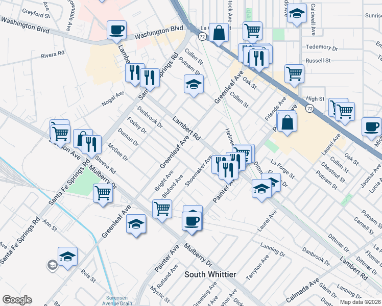 map of restaurants, bars, coffee shops, grocery stores, and more near 8738 Bright Avenue in Whittier