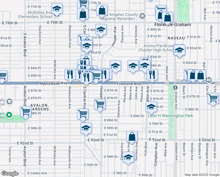 map of restaurants, bars, coffee shops, grocery stores, and more near 1235 East 87th Street in Los Angeles