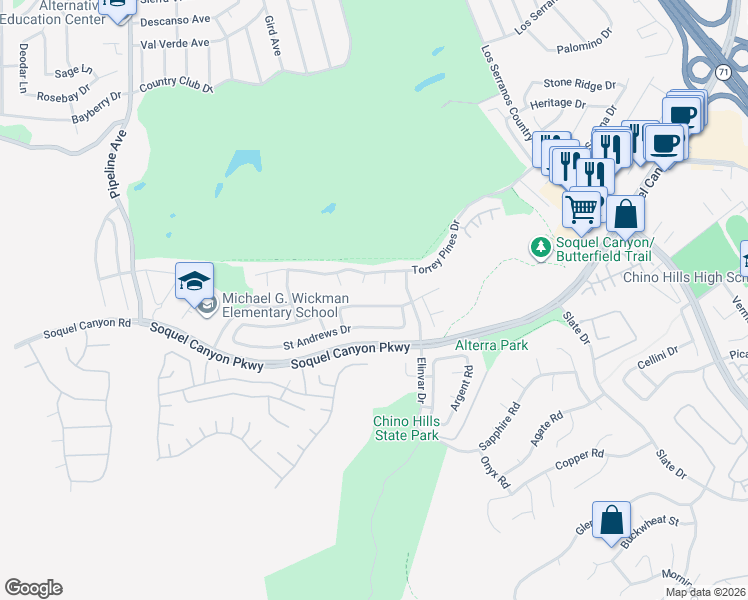 map of restaurants, bars, coffee shops, grocery stores, and more near 4570 Willowbend Court in Chino Hills