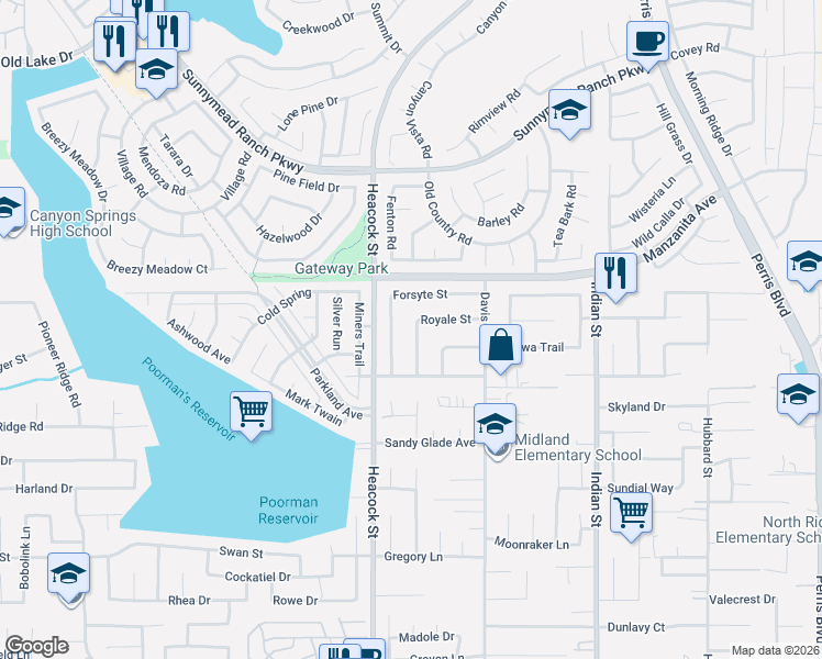 map of restaurants, bars, coffee shops, grocery stores, and more near 24055 Forsyte Street in Moreno Valley